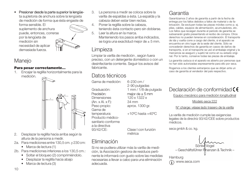 Manejo, Limpieza, Datos técnicos | Eliminación, Garantía, Declaración de conformidad | Seca 222 User Manual | Page 10 / 32