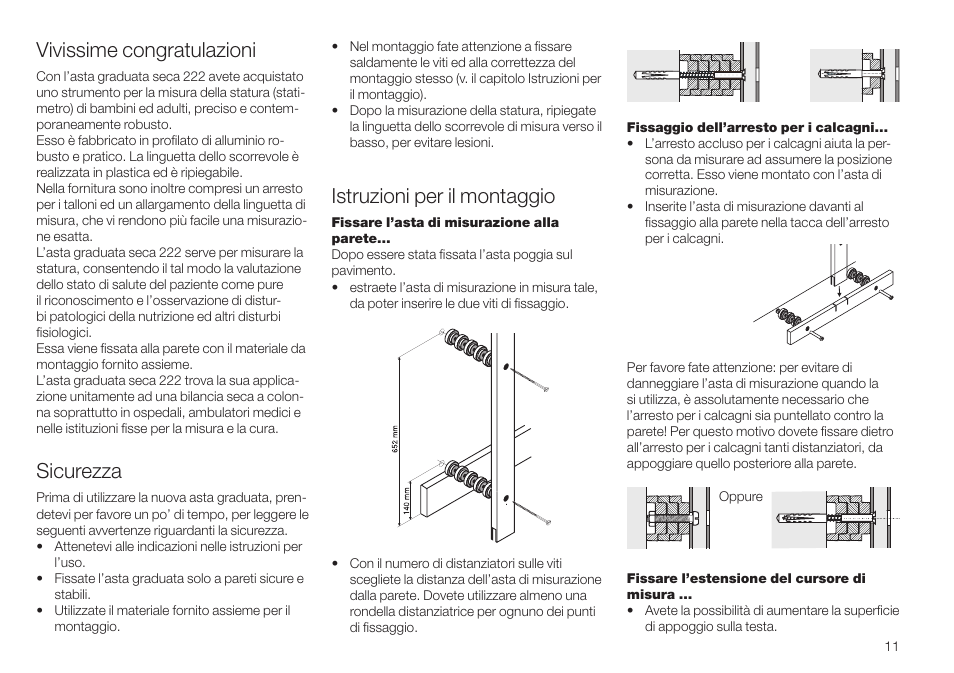 Italiano, Vivissime congratulazioni, Sicurezza | Istruzioni per il montaggio | Seca 222 User Manual | Page 11 / 32