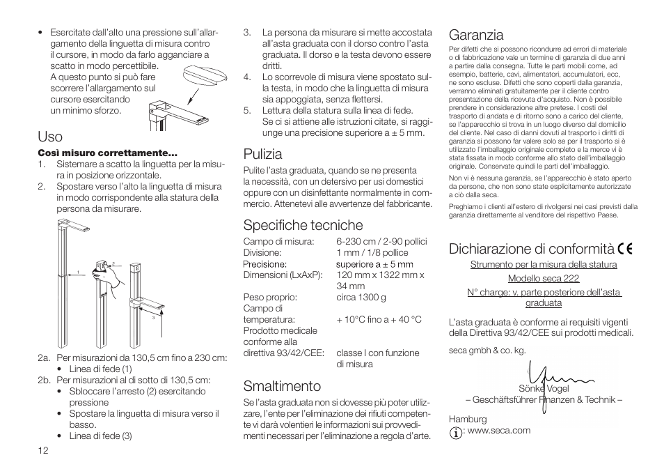 Pulizia, Specifiche tecniche, Smaltimento | Garanzia, Dichiarazione di conformità | Seca 222 User Manual | Page 12 / 32