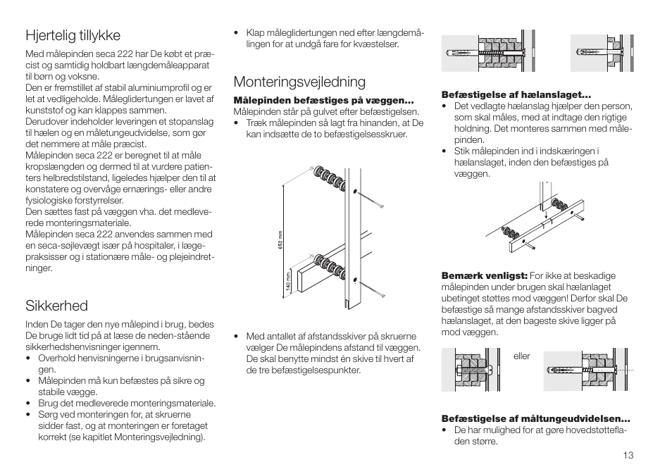 Dansk, Hjertelig tillykke, Sikkerhed | Monteringsvejledning | Seca 222 User Manual | Page 13 / 32