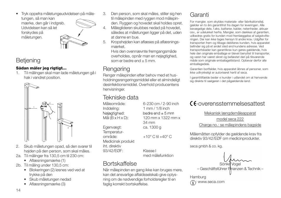 Bortskaffelse, Overensstemmelsesattest, Rengøring | Tekniske data, Garanti, Betjening | Seca 222 User Manual | Page 14 / 32