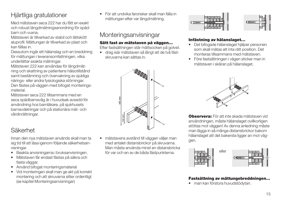 Svenska, Monteringsanvisningar, Hjärtliga gratulationer | Säkerhet | Seca 222 User Manual | Page 15 / 32