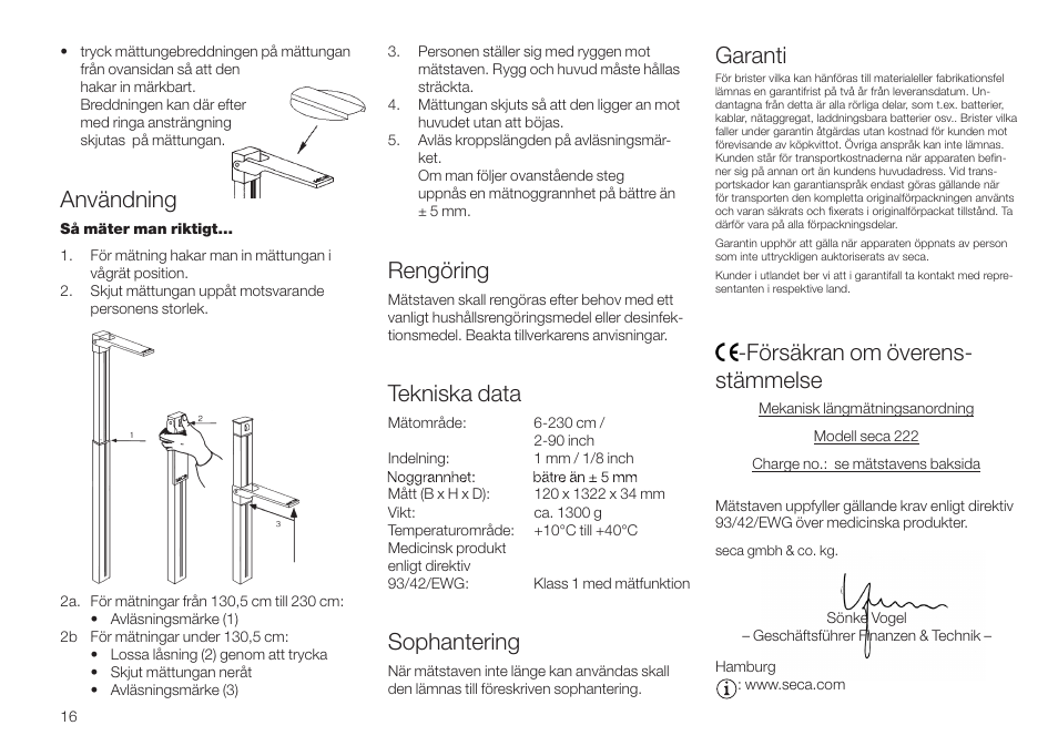 Tekniska data, Sophantering, Rengöring | Garanti, Användning, Försäkran om överens- stämmelse | Seca 222 User Manual | Page 16 / 32