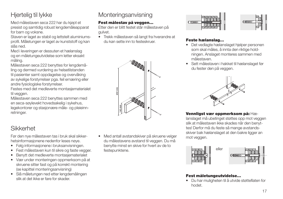 Norsk, Hjertelig til lykke, Sikkerhet | Monteringsanvisning | Seca 222 User Manual | Page 17 / 32