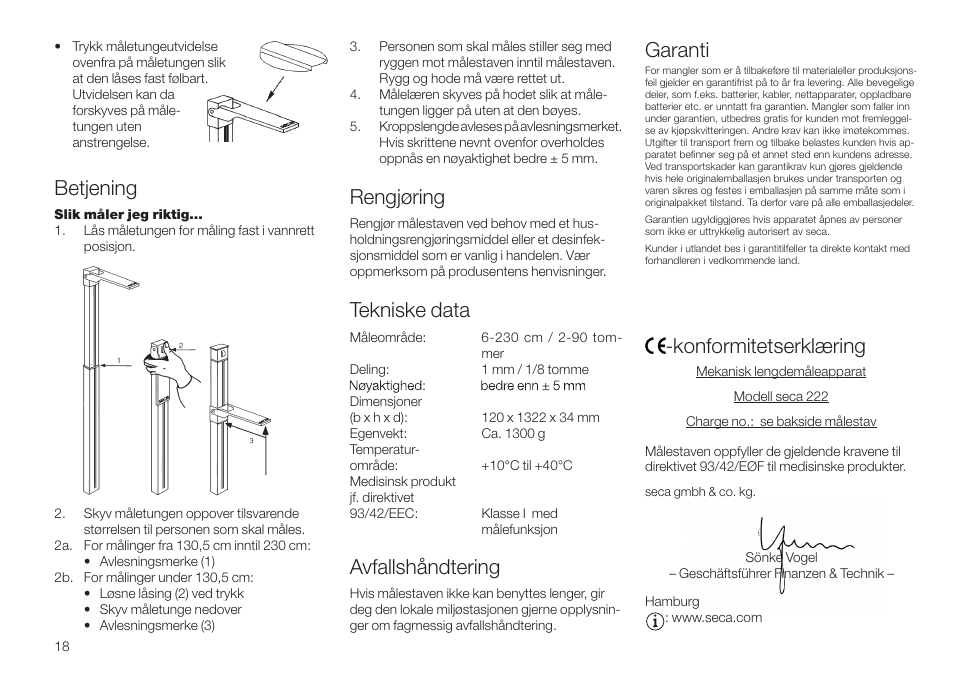 Betjening, Tekniske data, Garanti | Rengjøring, Avfallshåndtering, Konformitetserklæring | Seca 222 User Manual | Page 18 / 32