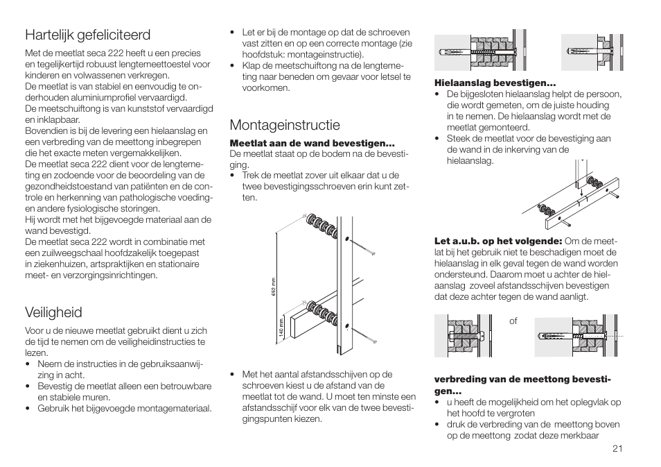 Nederlands, Hartelijk gefeliciteerd, Veiligheid | Montageinstructie | Seca 222 User Manual | Page 21 / 32