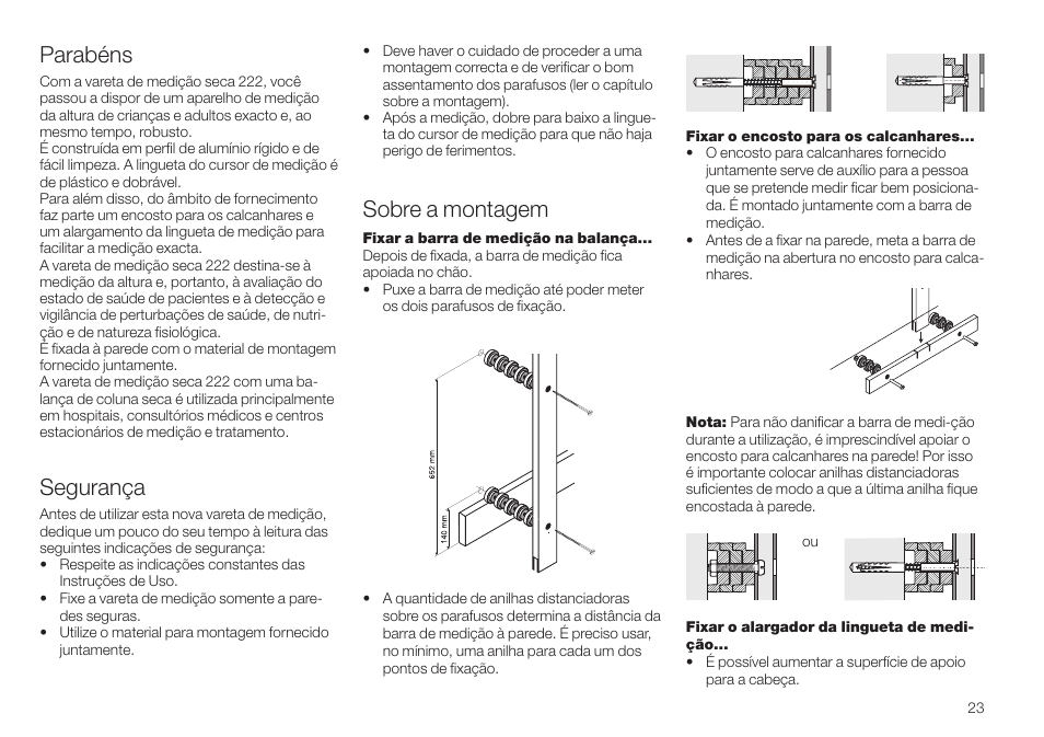 Português, Sobre a montagem, Parabéns | Segurança | Seca 222 User Manual | Page 23 / 32