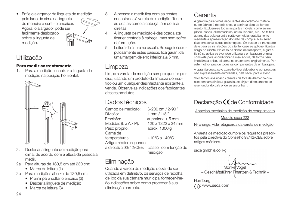 Limpeza, Garantia, Dados técnicos | Eliminação, Utilização, Declaração de conformidade | Seca 222 User Manual | Page 24 / 32