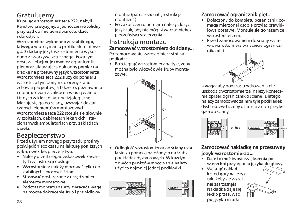 Polski, Gratulujemy, Bezpieczeństwo | Instrukcja montażu | Seca 222 User Manual | Page 28 / 32