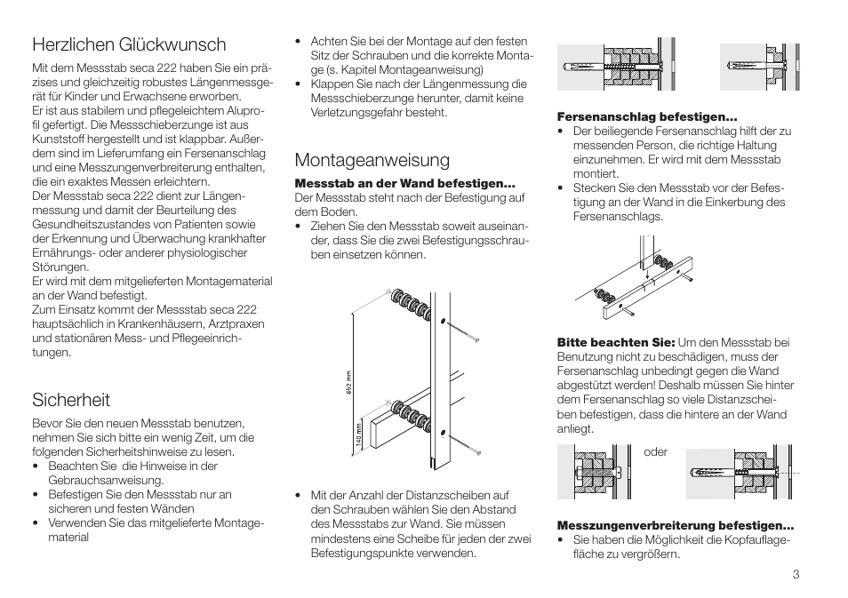 Deutsch, Sicherheit, Montageanweisung | Herzlichen glückwunsch | Seca 222 User Manual | Page 3 / 32