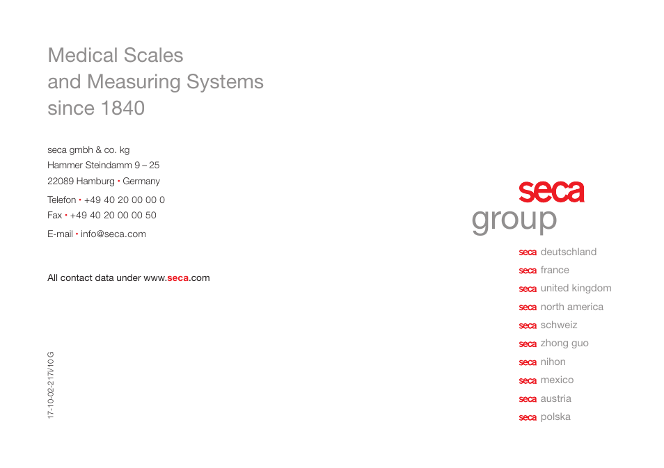 Group, Medical scales and measuring systems since 1840 | Seca 222 User Manual | Page 32 / 32