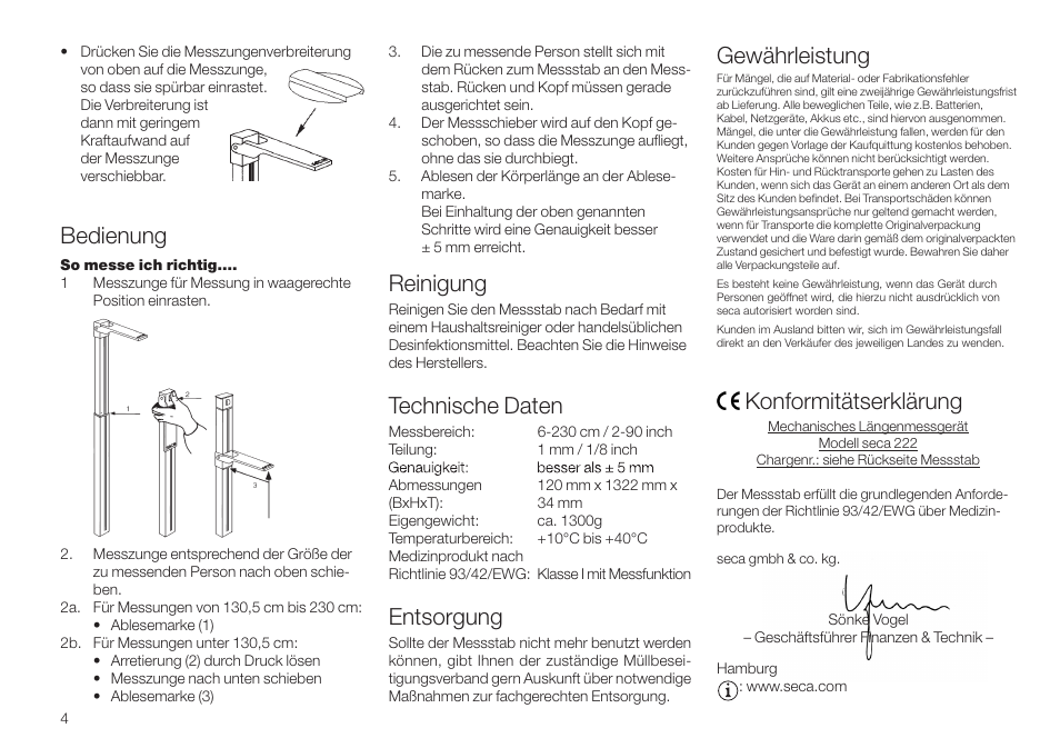 Bedienung, Reinigung, Technische daten | Entsorgung, Gewährleistung, Konformitätserklärung | Seca 222 User Manual | Page 4 / 32