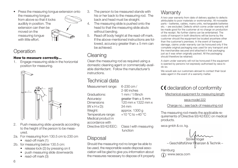 Operation, Cleaning, Technical data | Disposal, Warranty, Declaration of conformity | Seca 222 User Manual | Page 6 / 32