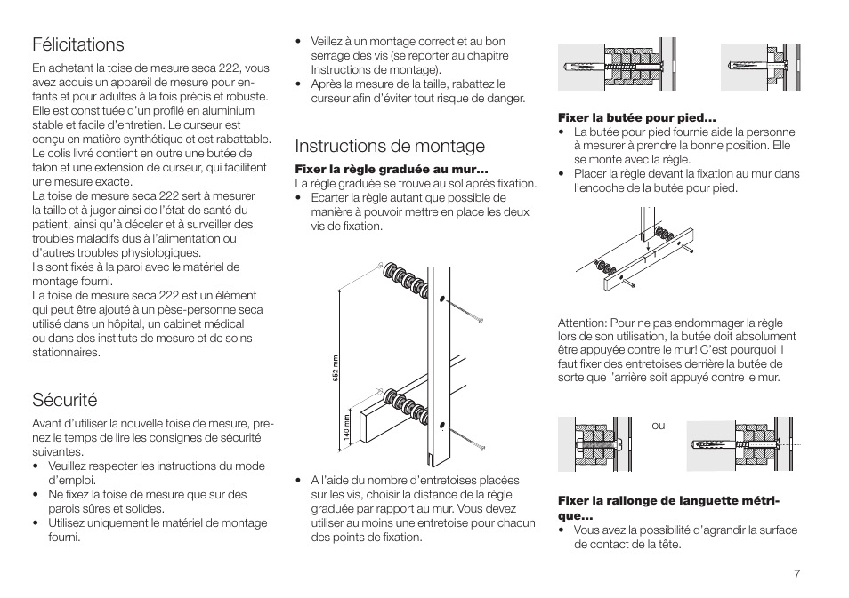 Français, Instructions de montage, Félicitations | Sécurité | Seca 222 User Manual | Page 7 / 32