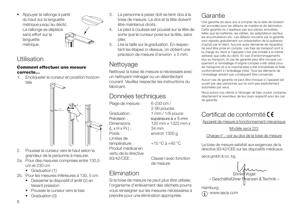 Utilisation, Nettoyage, Elimination | Données techniques, Garantie, Certificat de conformité | Seca 222 User Manual | Page 8 / 32