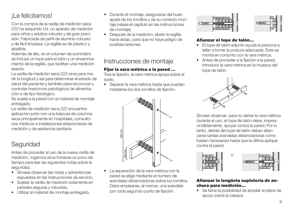 Español, Seguridad, Instrucciones de montaje | Le felicitamos | Seca 222 User Manual | Page 9 / 32