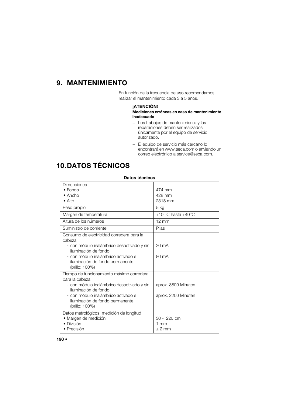 Mantenimiento, Datos técnicos | Seca 264 User Manual | Page 190 / 275