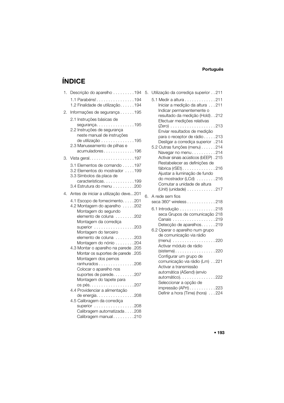 Português, Índice | Seca 264 User Manual | Page 193 / 275