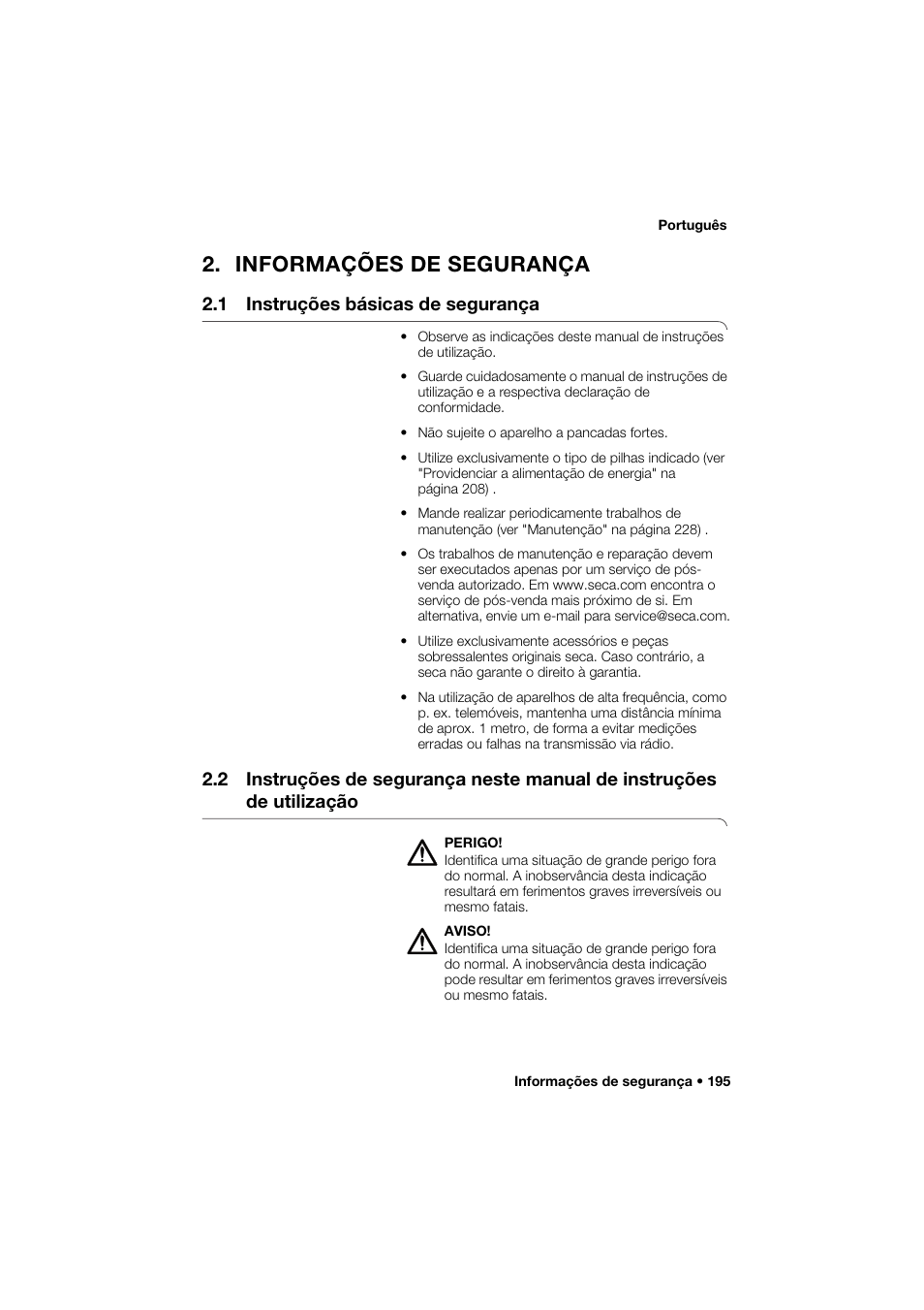 Informações de segurança, 1 instruções básicas de segurança | Seca 264 User Manual | Page 195 / 275