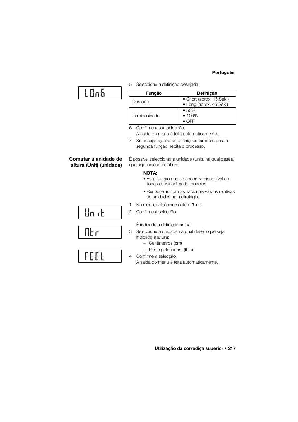 Comutar a unidade de altura (unit) (unidade) | Seca 264 User Manual | Page 217 / 275