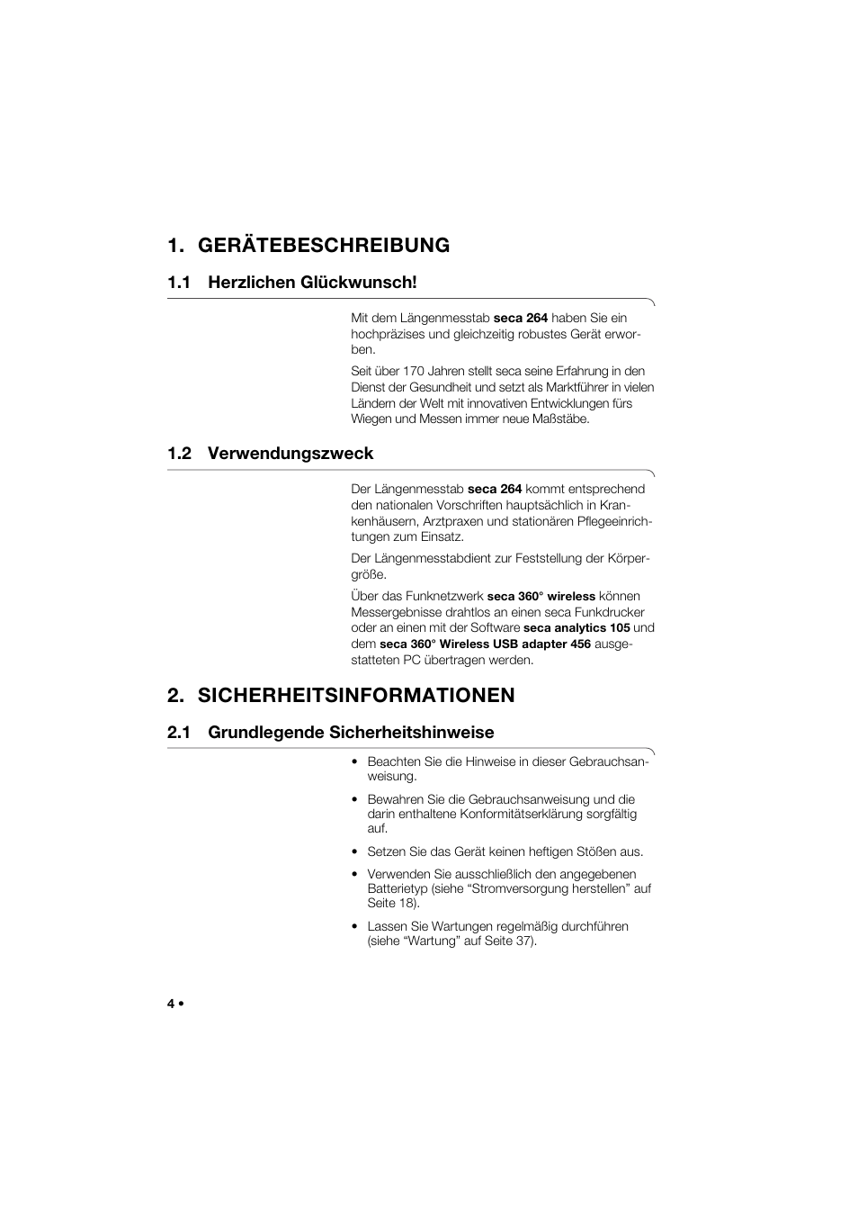Gerätebeschreibung, 1 herzlichen glückwunsch, 2 verwendungszweck | Sicherheitsinformationen, 1 grundlegende sicherheitshinweise | Seca 264 User Manual | Page 4 / 275
