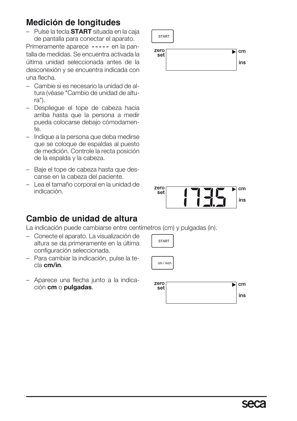 Medición de longitudes, Cambio de unidad de altura | Seca 763 User Manual | Page 64 / 89