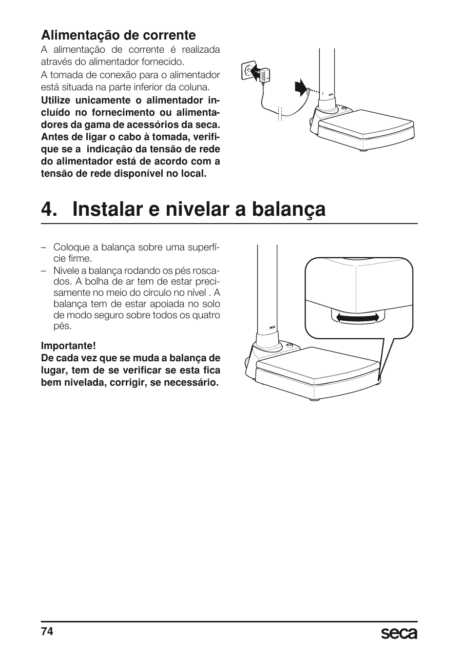 Alimentação de corrente, Instalar e nivelar a balança | Seca 763 User Manual | Page 74 / 89