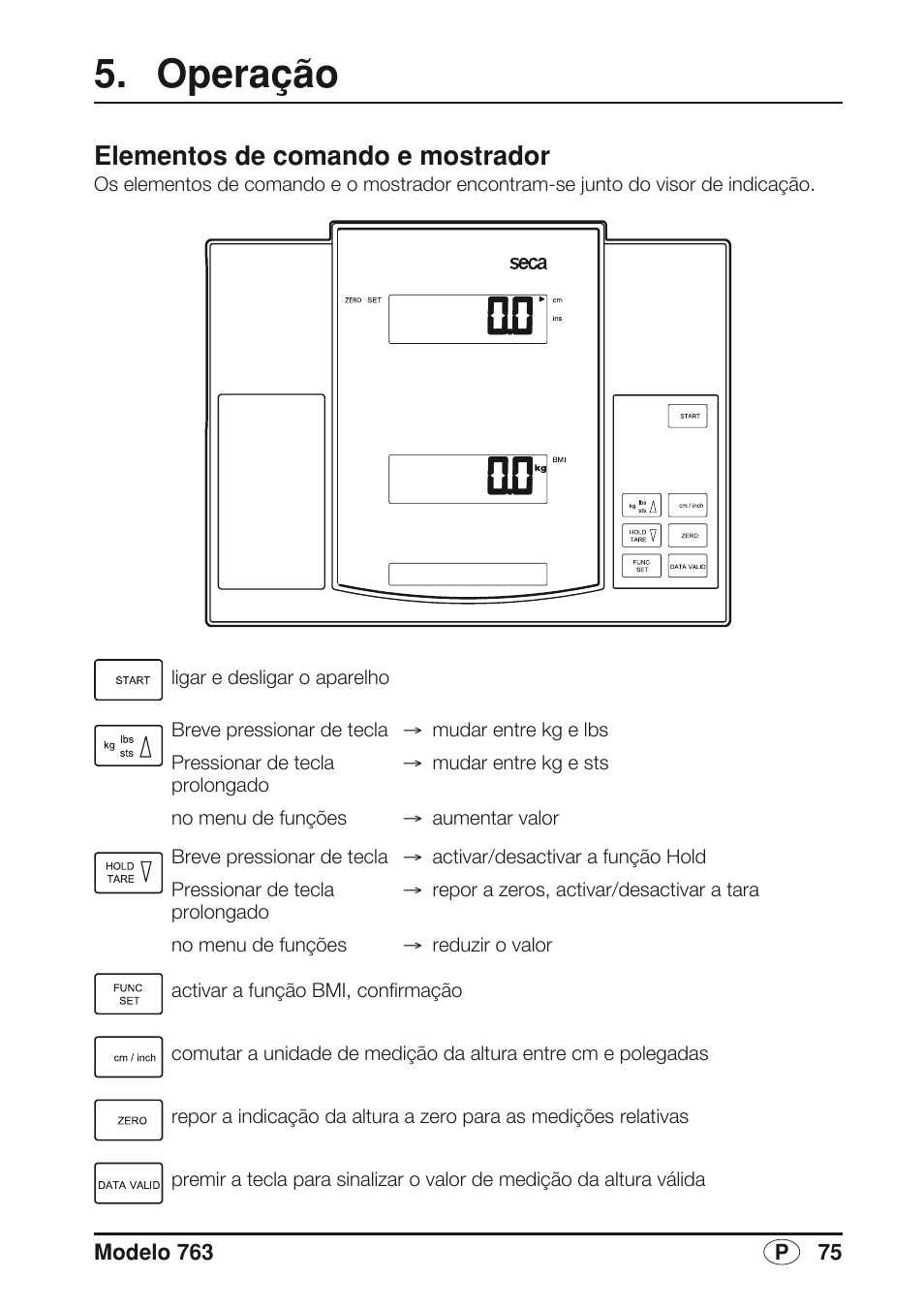 Operação, Elementos de comando e mostrador | Seca 763 User Manual | Page 75 / 89