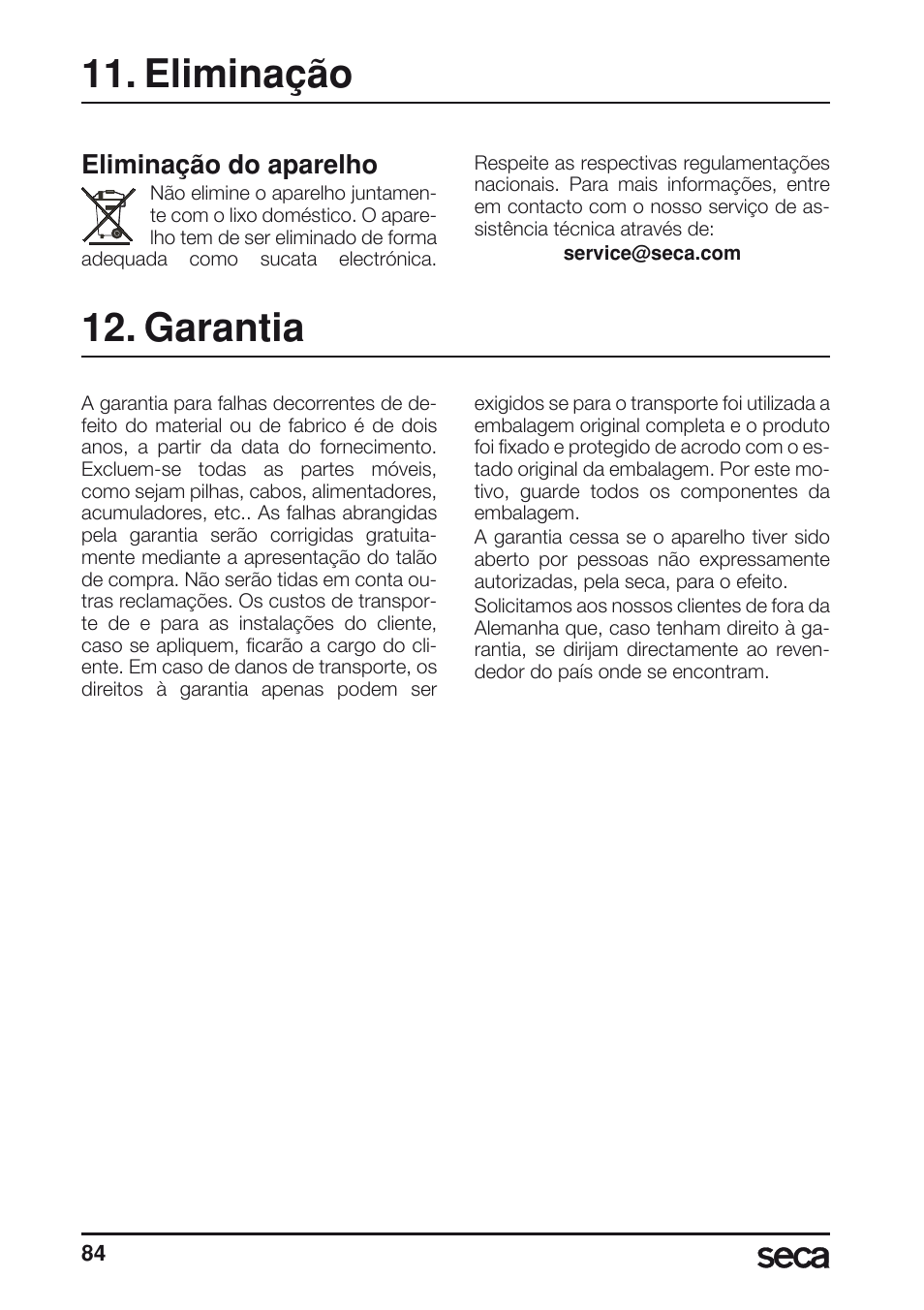 Eliminação, Garantia, Eliminação do aparelho | Seca 763 User Manual | Page 84 / 89