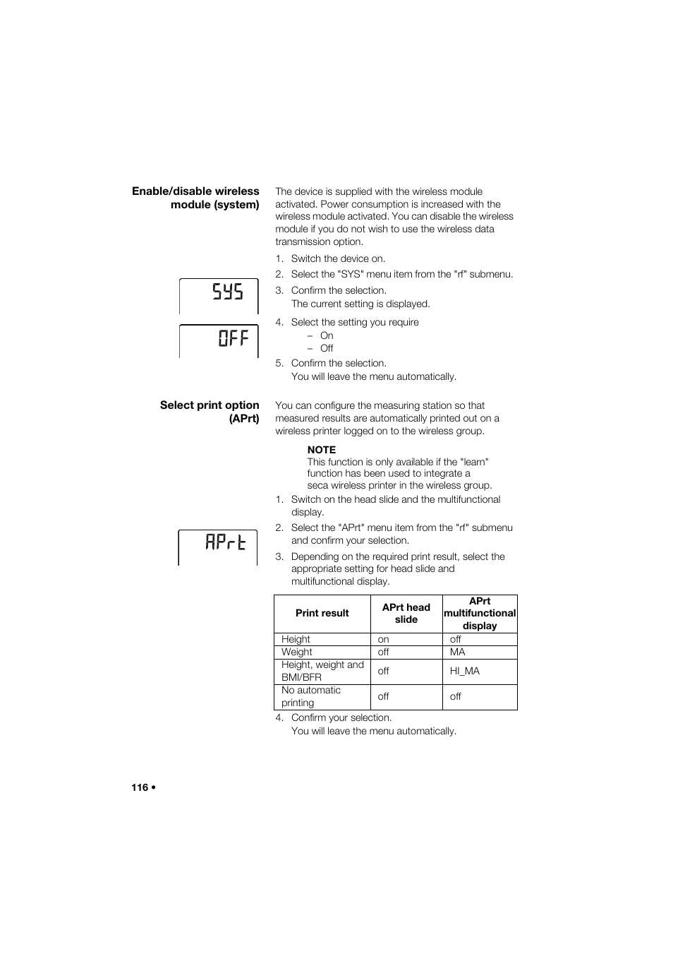 Enable/disable wireless module (system), Select print option (aprt) | Seca 285 User Manual | Page 116 / 451
