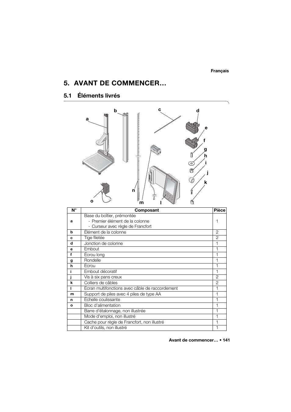 Avant de commencer, 1 éléments livrés | Seca 285 User Manual | Page 141 / 451