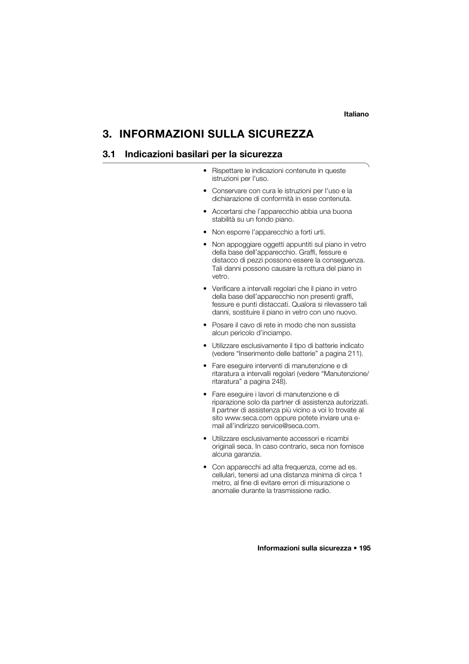 Informazioni sulla sicurezza, 1 indicazioni basilari per la sicurezza | Seca 285 User Manual | Page 195 / 451
