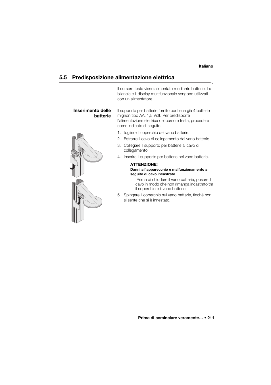 5 predisposizione alimentazione elettrica, Inserimento delle batterie | Seca 285 User Manual | Page 211 / 451