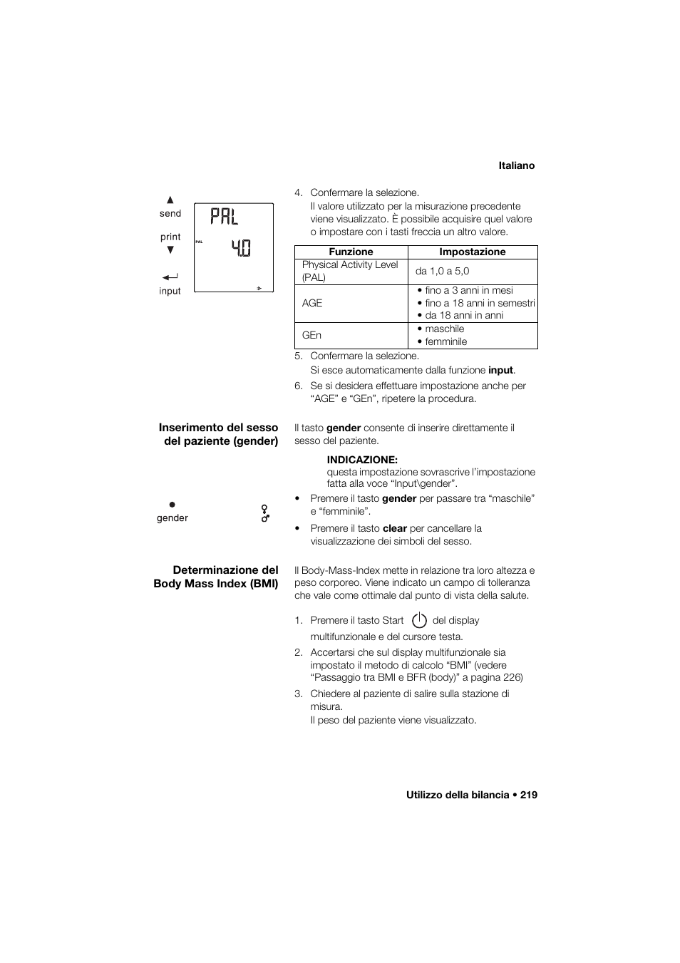 Inserimento del sesso del paziente (gender), Determinazione del body mass index (bmi) | Seca 285 User Manual | Page 219 / 451
