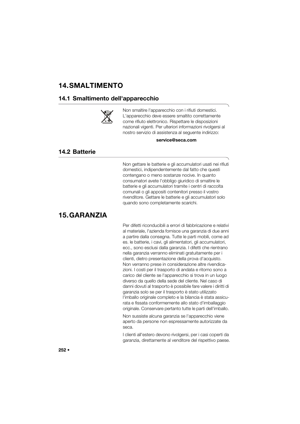 Smaltimento, 1 smaltimento dell'apparecchio, 2 batterie | Garanzia | Seca 285 User Manual | Page 252 / 451