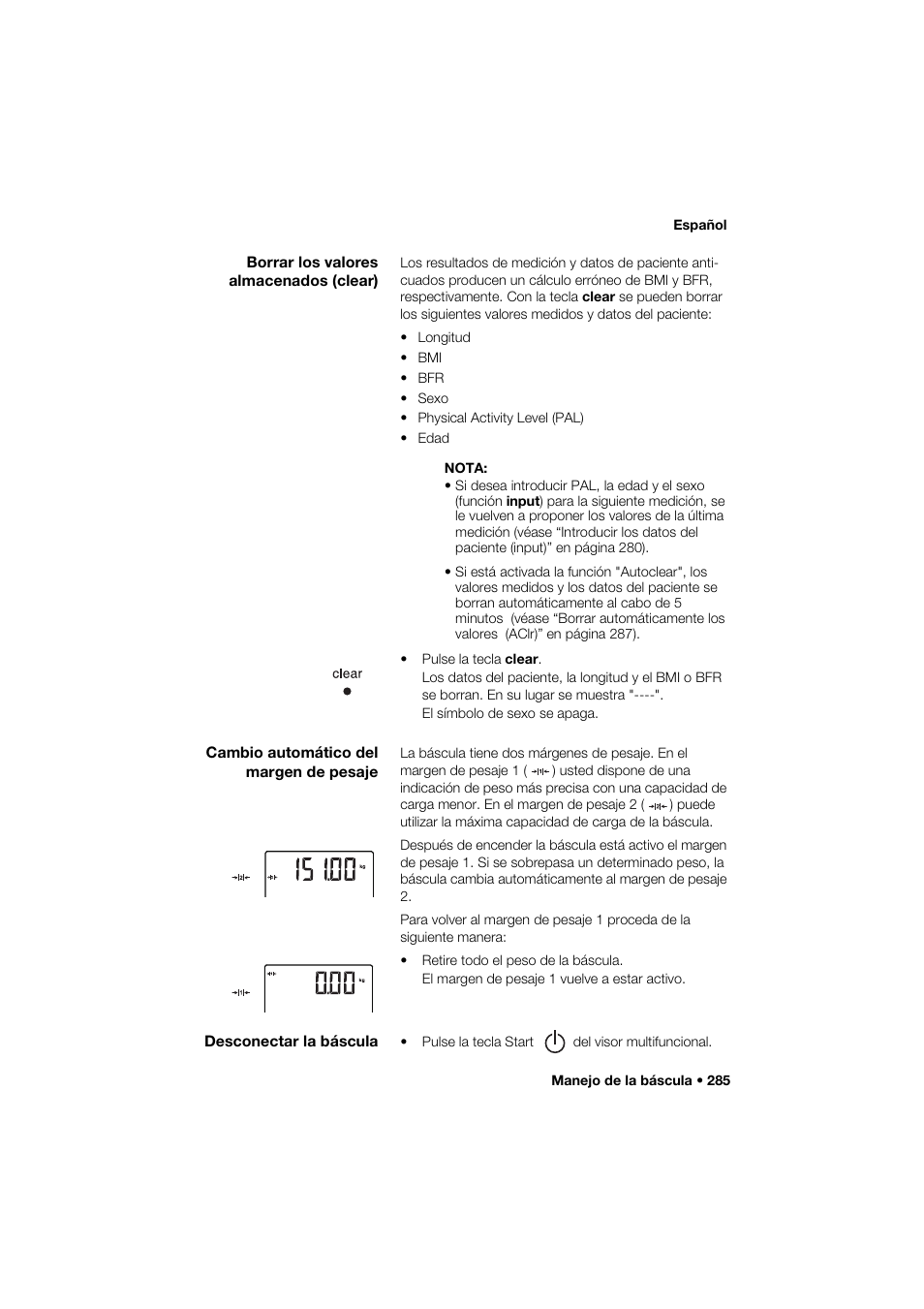 Borrar los valores almacenados (clear), Cambio automático del margen de pesaje, Desconectar la báscula | Seca 285 User Manual | Page 285 / 451