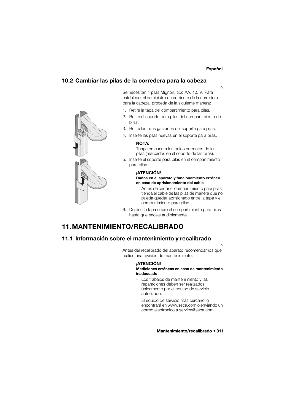 2 cambiar las pilas de la corredera para la cabeza, Mantenimiento/recalibrado, 1 información sobre el mantenimiento y recalibrado | Seca 285 User Manual | Page 311 / 451