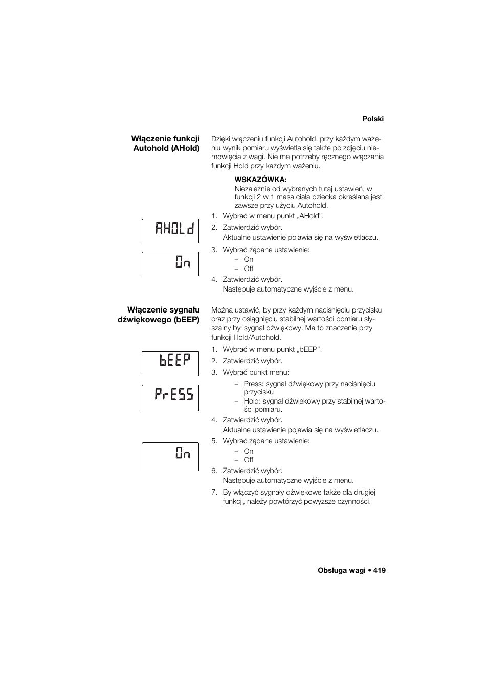 Włączenie funkcji autohold (ahold), Włączenie sygnału dźwiękowego (beep) | Seca 285 User Manual | Page 419 / 451