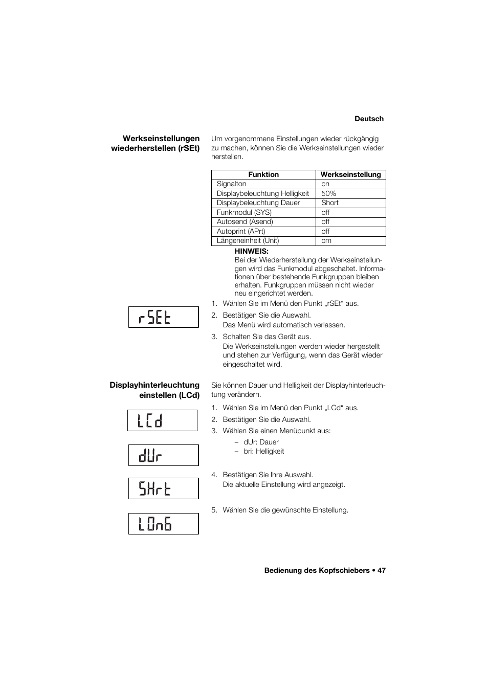 Werkseinstellungen wiederherstellen (rset), Displayhinterleuchtung einstellen (lcd) | Seca 285 User Manual | Page 47 / 451