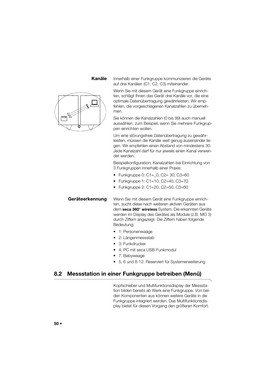 Kanäle, Geräteerkennung, 2 messstation in einer funkgruppe betreiben (menü) | 2 messstation in einer, Funkgruppe betreiben (menü) | Seca 285 User Manual | Page 50 / 451