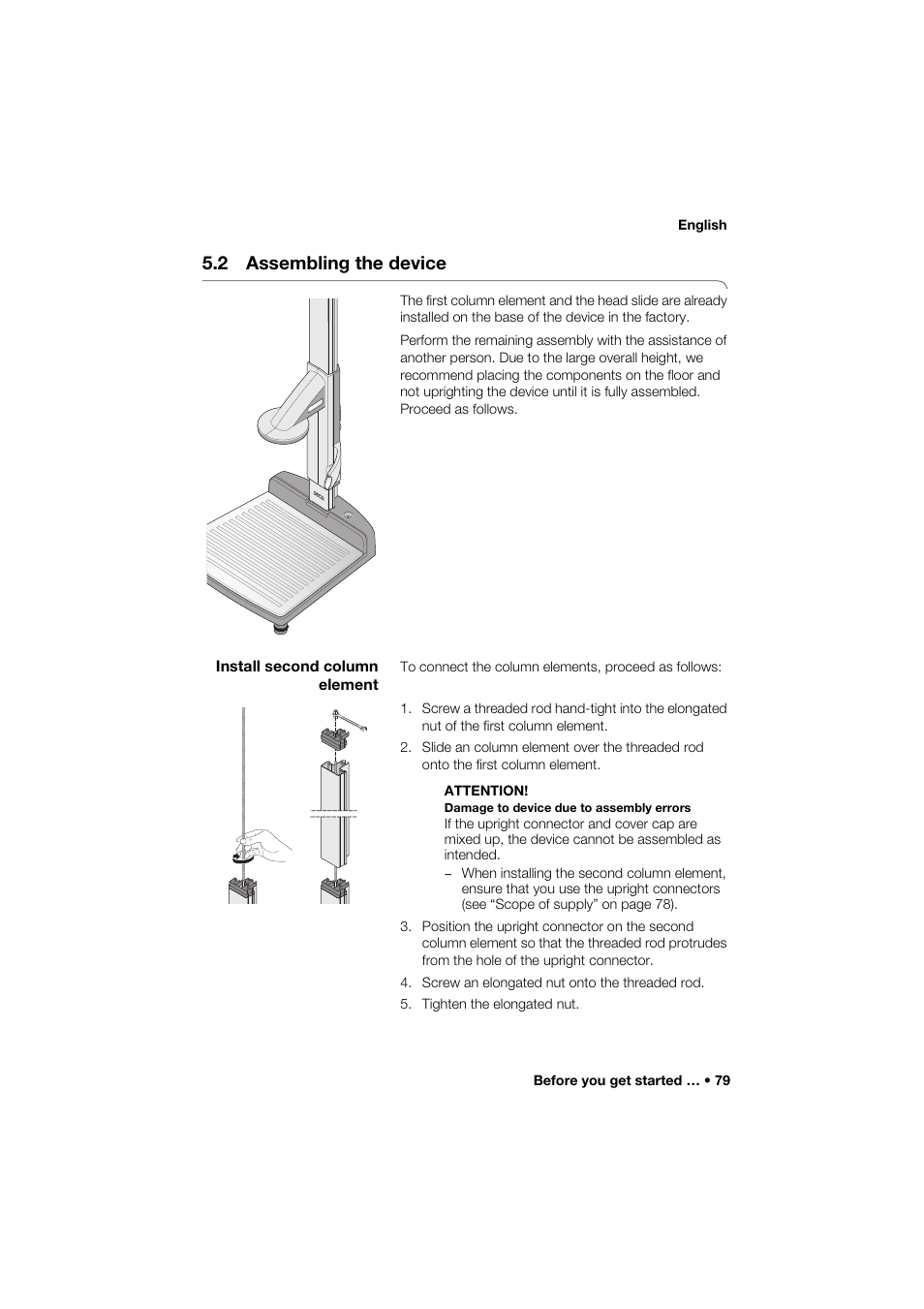 2 assembling the device, Install second column element | Seca 285 User Manual | Page 79 / 451