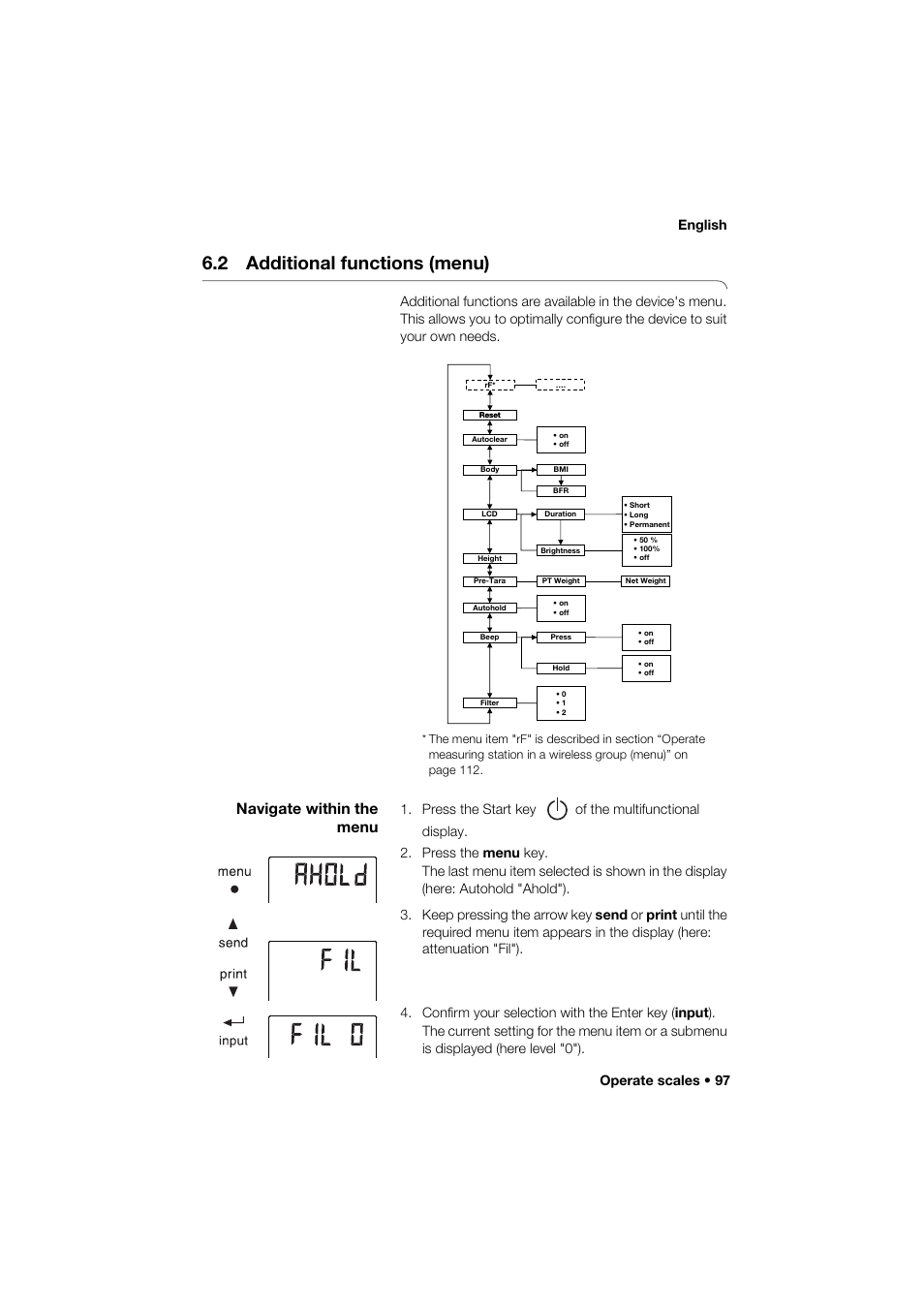 2 additional functions (menu), Navigate within the menu, Operate scales • 97 english | Seca 285 User Manual | Page 97 / 451