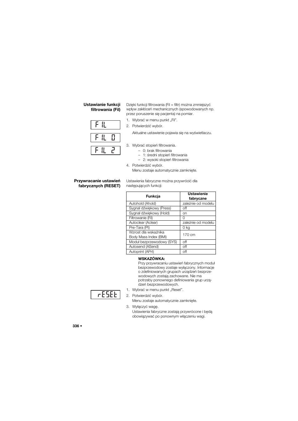 Ustawianie funkcji filtrowania (fil), Przywracanie ustawień fabrycznych (reset) | Seca 657 User Manual | Page 336 / 357