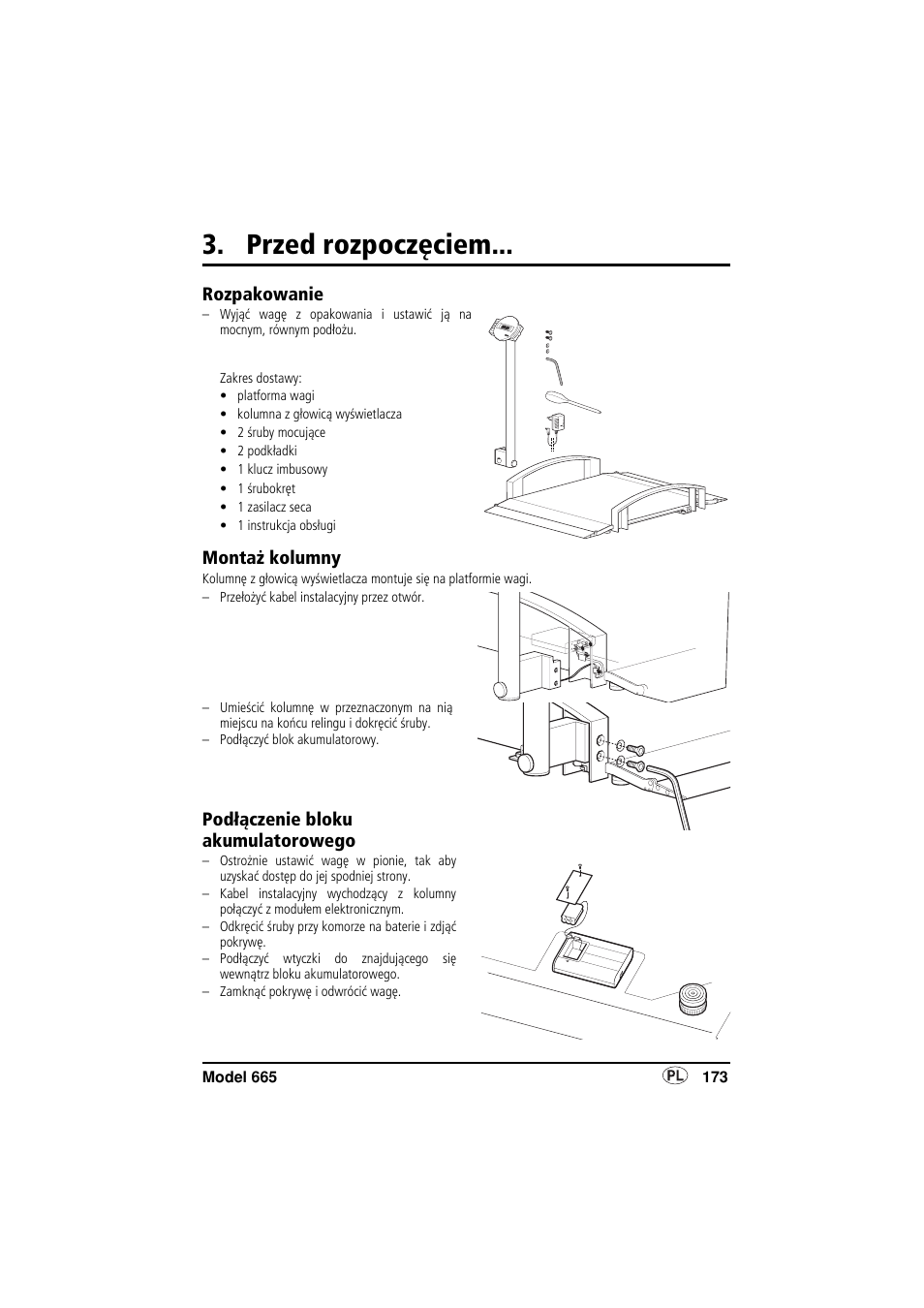Przed rozpoczęciem, Rozpakowanie, Montaż kolumny | Podłączenie blokuakumulatorowego, Podłączenie bloku akumulatorowego | Seca 665 User Manual | Page 173 / 188