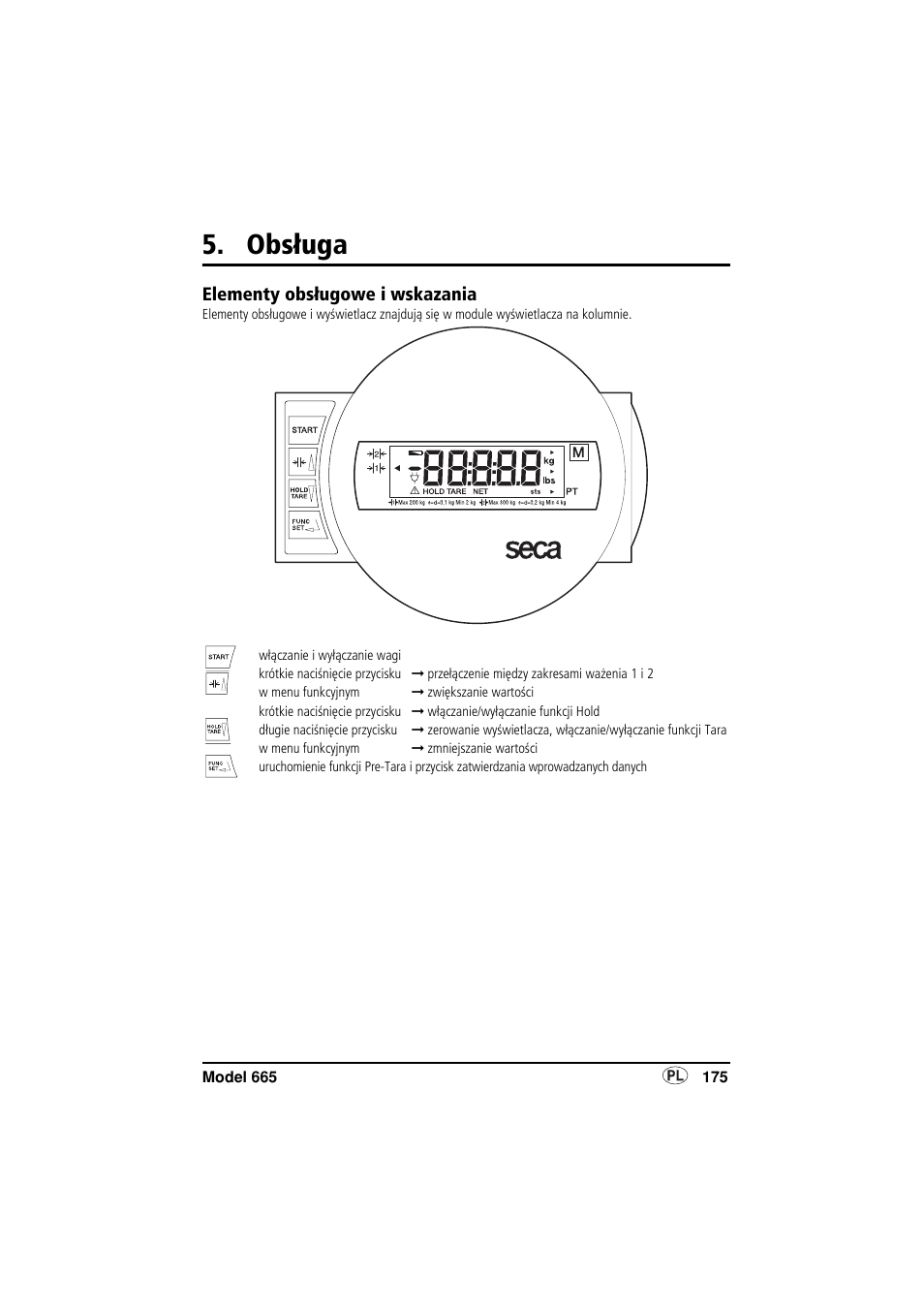 Obsługa, Elementy obsługowe i wskazania | Seca 665 User Manual | Page 175 / 188