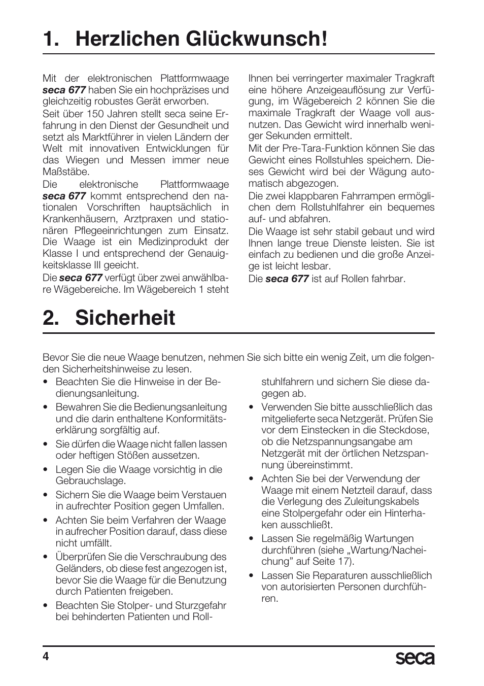 Herzlichen glückwunsch, Sicherheit | Seca 677 User Manual | Page 4 / 240