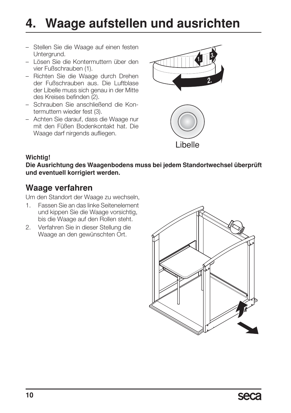 Waage aufstellen und ausrichten, Waage verfahren, Libelle | Seca 685 User Manual | Page 10 / 292