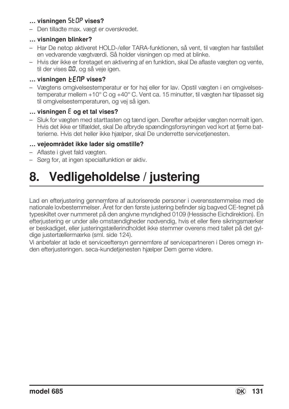 Vedligeholdelse / justering | Seca 685 User Manual | Page 131 / 292