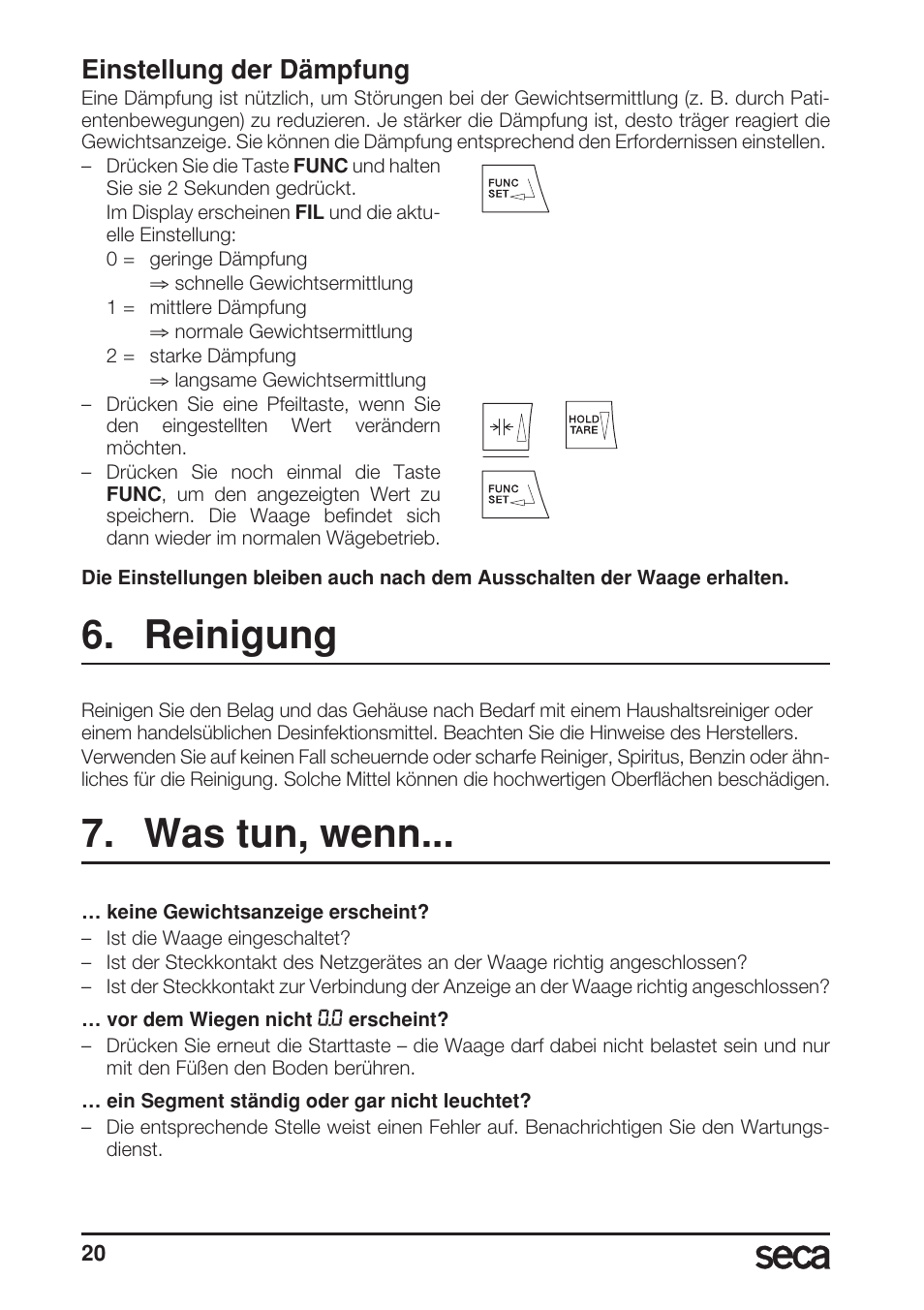 Einstellung der dämpfung, Reinigung, Was tun, wenn | Seca 685 User Manual | Page 20 / 292