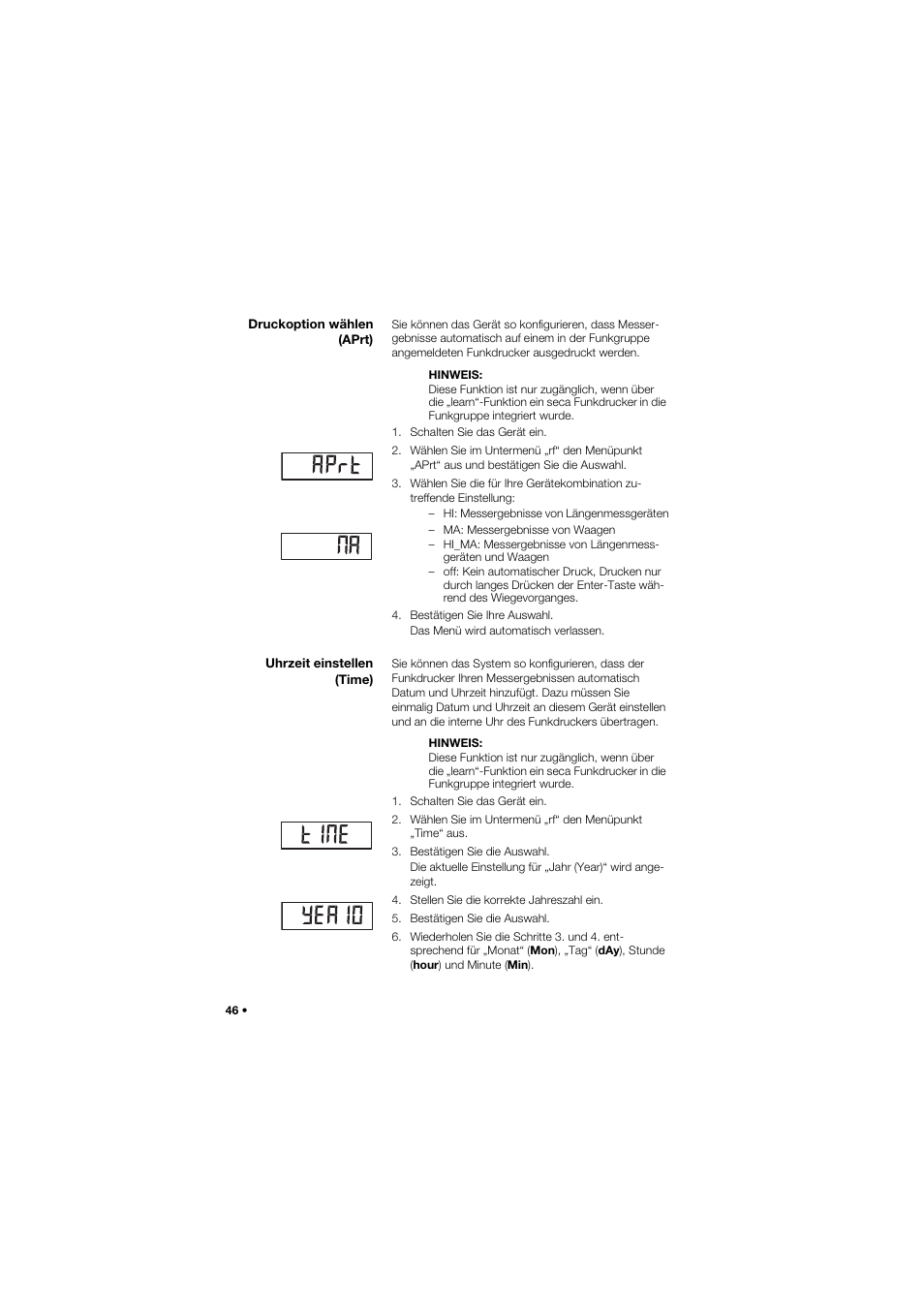 Druckoption wählen (aprt), Uhrzeit einstellen (time) | Seca 685 User Manual | Page 46 / 385